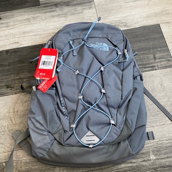 north face backpack gray and blue